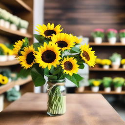 A beautiful bouquet of sunflowers displayed in a charming flower shop in New York City