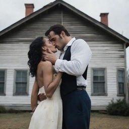 A girl with vitiligo kissing a tall, handsome man in front of an old house in a dramatic cinematic scene. The girl is holding a gun to the man's heart.