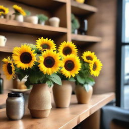 A beautiful bouquet of sunflowers displayed in a charming flower shop in New York City