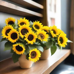 A beautiful bouquet of sunflowers displayed in a charming flower shop in New York City