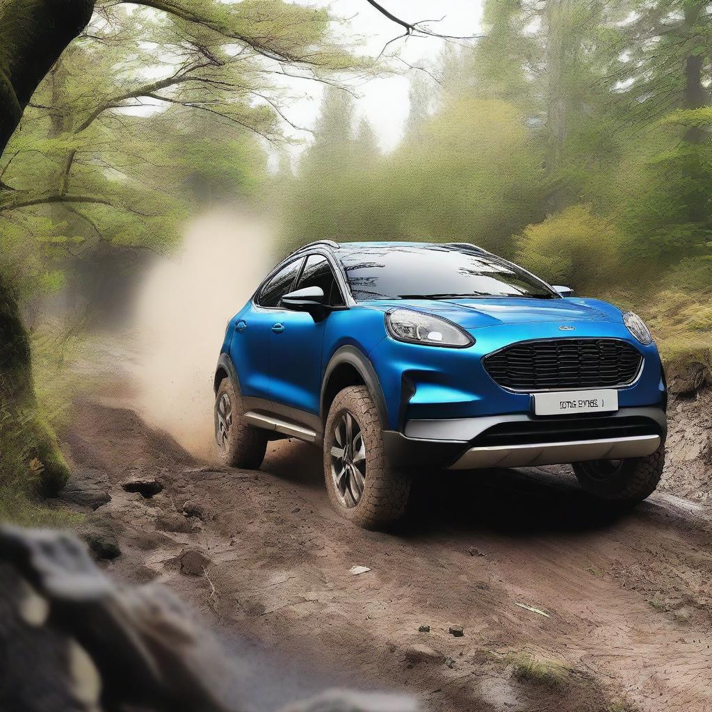 Create an image of a Ford Puma driving off-road