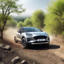 Create an image of a Ford Puma driving off-road