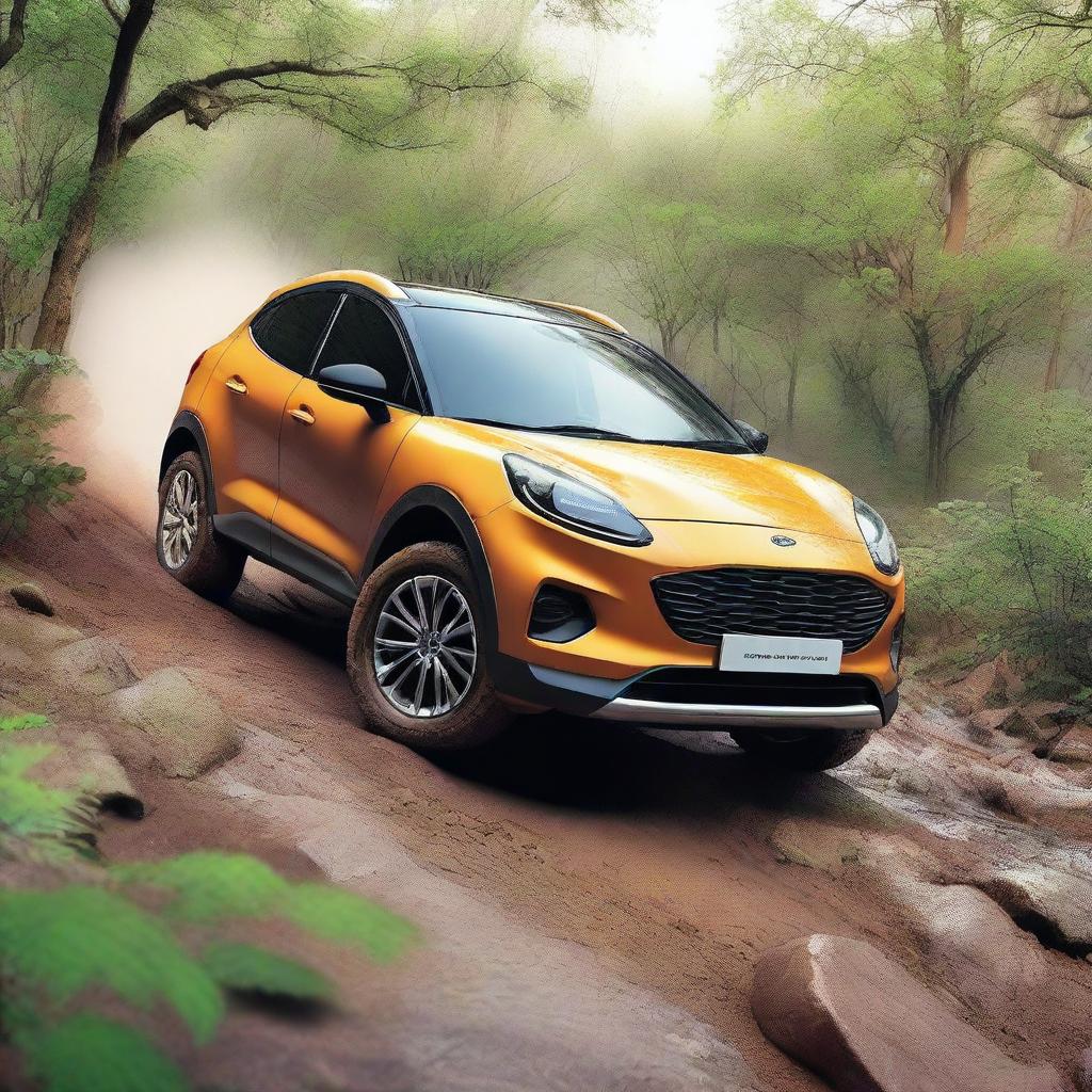 Create an image of a Ford Puma driving off-road