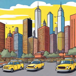 A colorful cartoon depiction of New York City before the events of 9-11