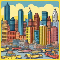 A colorful cartoon depiction of New York City before the events of 9-11