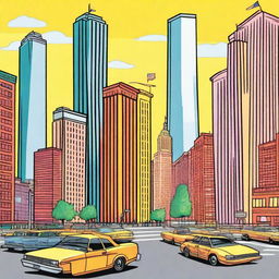 A colorful cartoon depiction of New York City before the events of 9-11