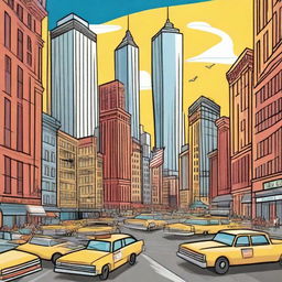 A colorful cartoon depiction of New York City before the events of 9-11