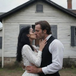 A girl with vitiligo kissing a tall, handsome man in front of an old house in a dramatic cinematic scene. The girl is holding a gun to the man's heart.