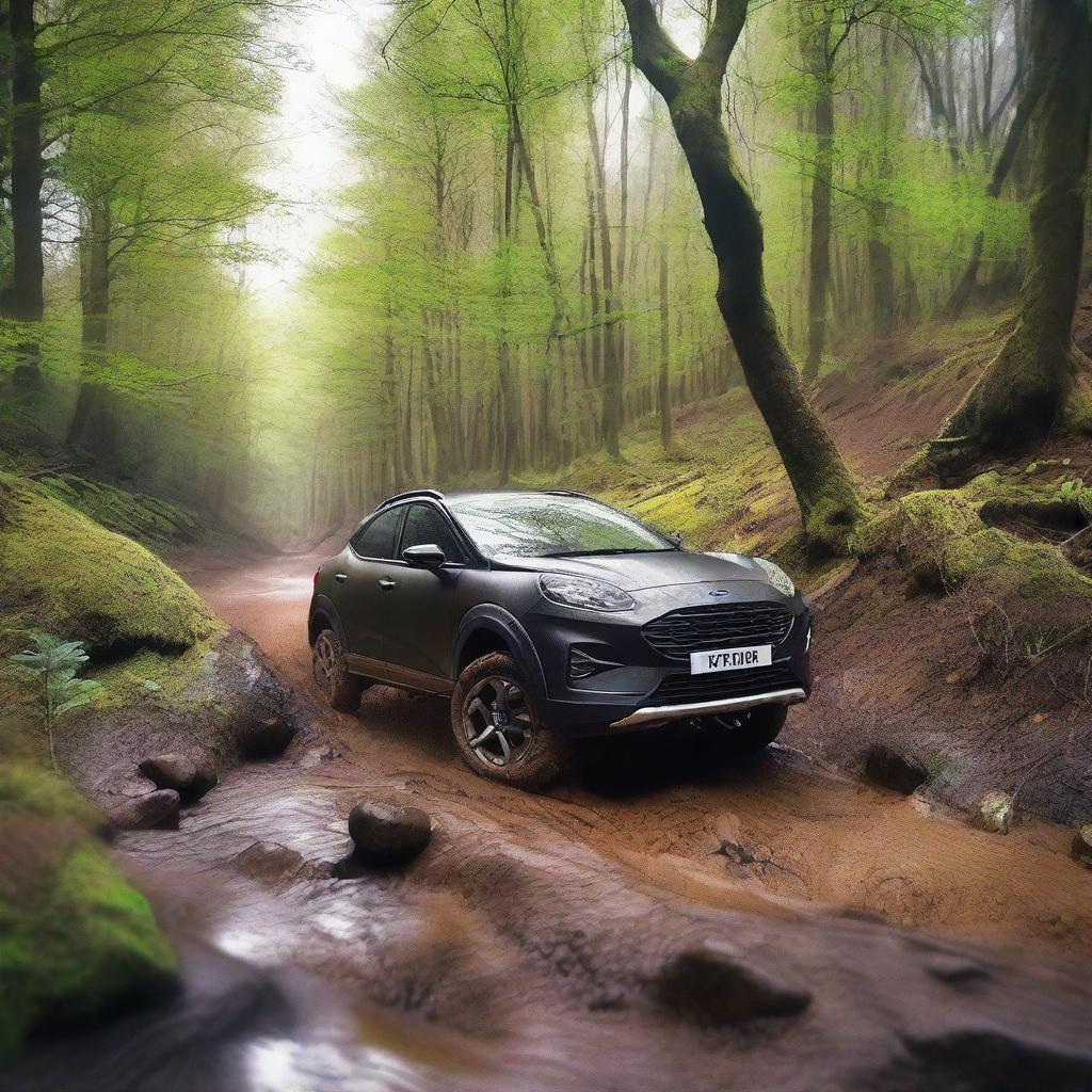 Create an image of a black Ford Puma driving off-road