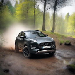 Create an image of a black Ford Puma driving off-road