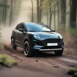 Create an image of a black Ford Puma driving off-road