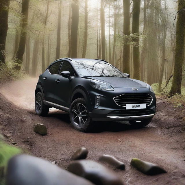 Create an image of a black Ford Puma driving off-road