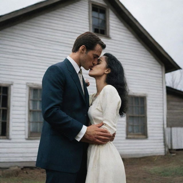 A girl with vitiligo kissing a tall, handsome man in front of an old house in a dramatic cinematic scene. The girl is holding a gun to the man's heart.