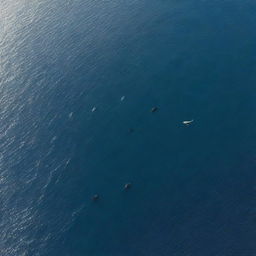 An aerial view of a drone flying over a pod of whales swimming in the ocean