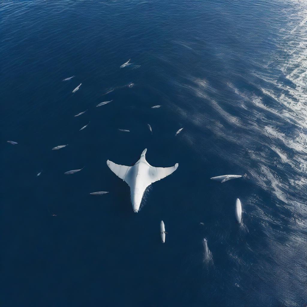 An aerial view of a drone flying over a pod of whales swimming in the ocean