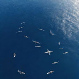 An aerial view of a drone flying over a pod of whales swimming in the ocean