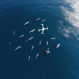 An aerial view of a drone flying over a pod of whales swimming in the ocean