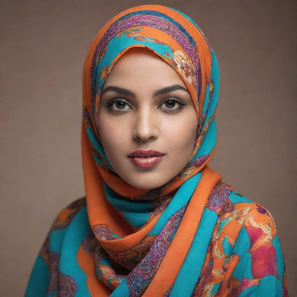 A graceful woman confident in her beauty, draped in a vibrant, elegantly patterned hijab.