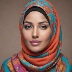 A graceful woman confident in her beauty, draped in a vibrant, elegantly patterned hijab.