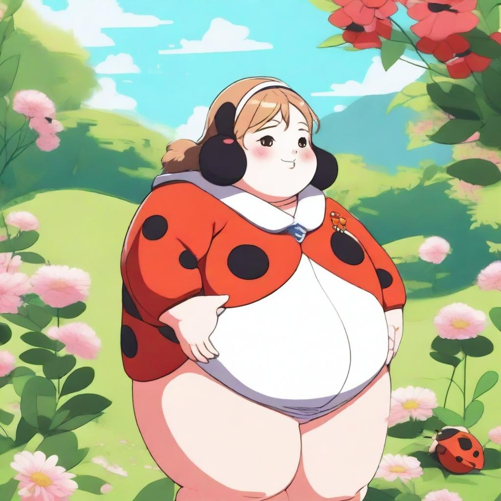 An anime-style illustration of a very obese girl wearing a ladybug suit