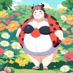 An anime-style illustration of a very obese girl wearing a ladybug suit