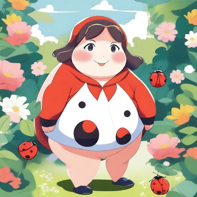 An anime-style illustration of a very obese girl wearing a ladybug suit