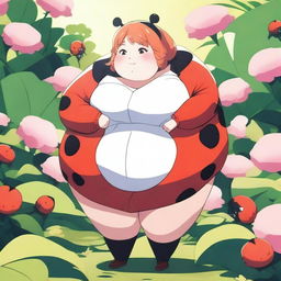 An anime-style illustration of a very obese girl wearing a ladybug suit