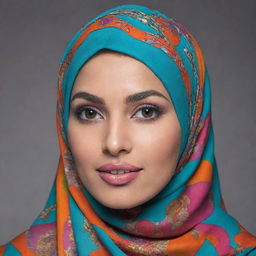 A graceful woman confident in her beauty, draped in a vibrant, elegantly patterned hijab.