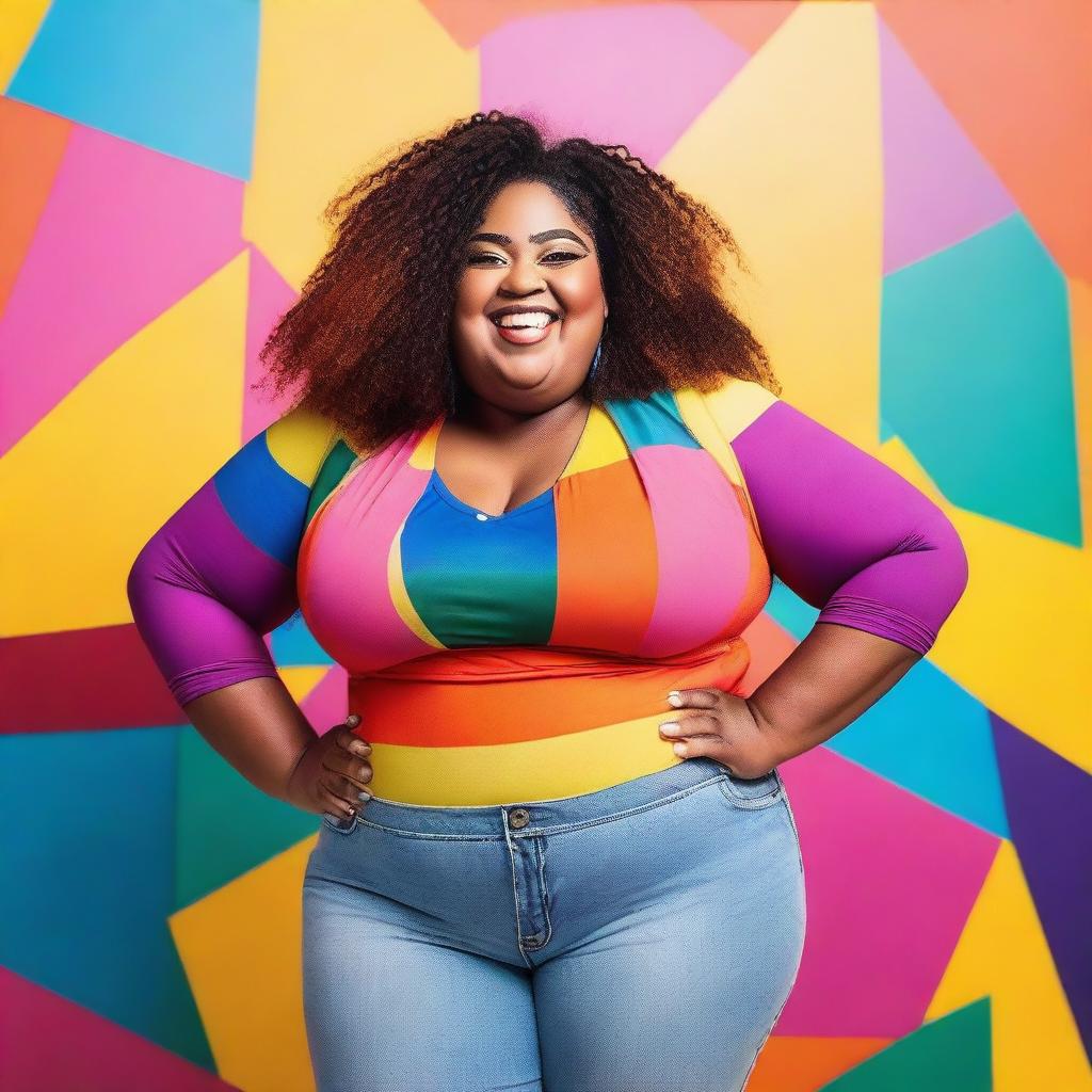 A joyful, plus-sized girl with a big smile, wearing colorful and trendy clothes, standing confidently in a vibrant and lively background