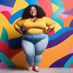 A joyful, plus-sized girl with a big smile, wearing colorful and trendy clothes, standing confidently in a vibrant and lively background