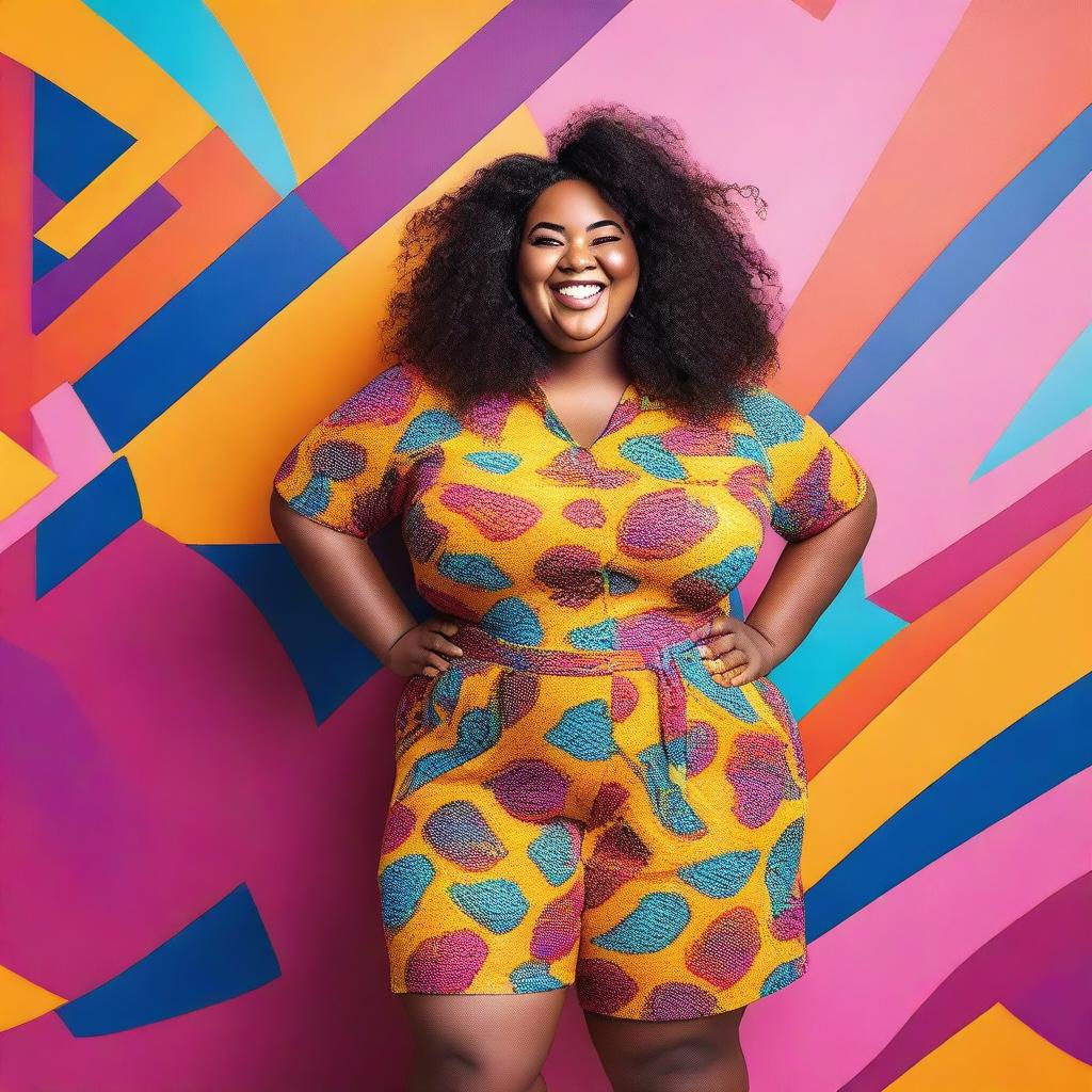 A joyful, plus-sized girl with a big smile, wearing colorful and trendy clothes, standing confidently in a vibrant and lively background