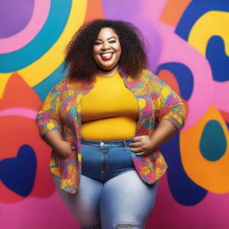 A joyful, plus-sized girl with a big smile, wearing colorful and trendy clothes, standing confidently in a vibrant and lively background