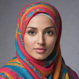 A graceful woman confident in her beauty, draped in a vibrant, elegantly patterned hijab.