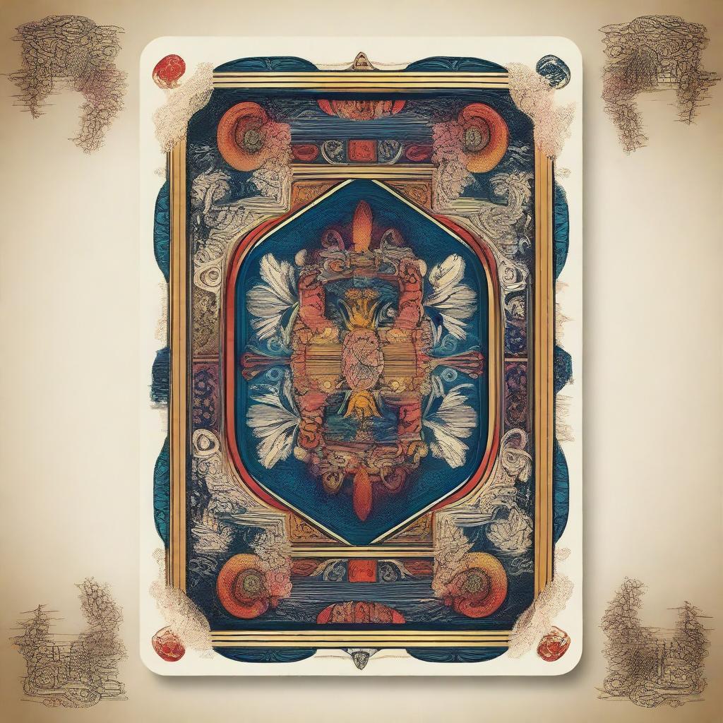 A detailed and artistic playing card design, featuring intricate patterns and vibrant colors