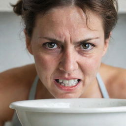 A close-up image of a woman washing dishes, her face expressing intense anger or frustration