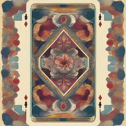 A beautifully designed playing card, featuring intricate patterns, vibrant colors, and a central figure