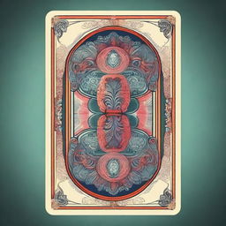 A beautifully designed playing card, featuring intricate patterns, vibrant colors, and a central figure