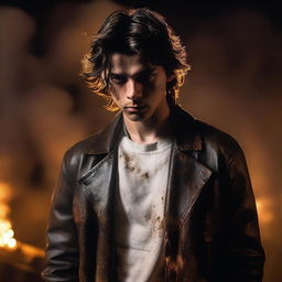 A young man in a dirty leather jacket and a white oil-stained shirt stands in a darkened factory with clouds of fumes