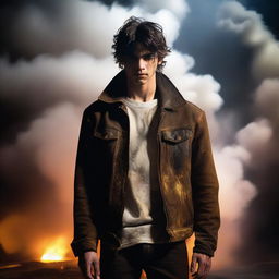 A young man in a dirty leather jacket and a white oil-stained shirt stands in a darkened factory with clouds of fumes