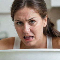 A close-up image of a woman washing dishes, her face expressing intense anger or frustration