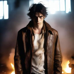 A young man in a dirty leather jacket and a white oil-stained shirt stands in a darkened factory with clouds of fumes