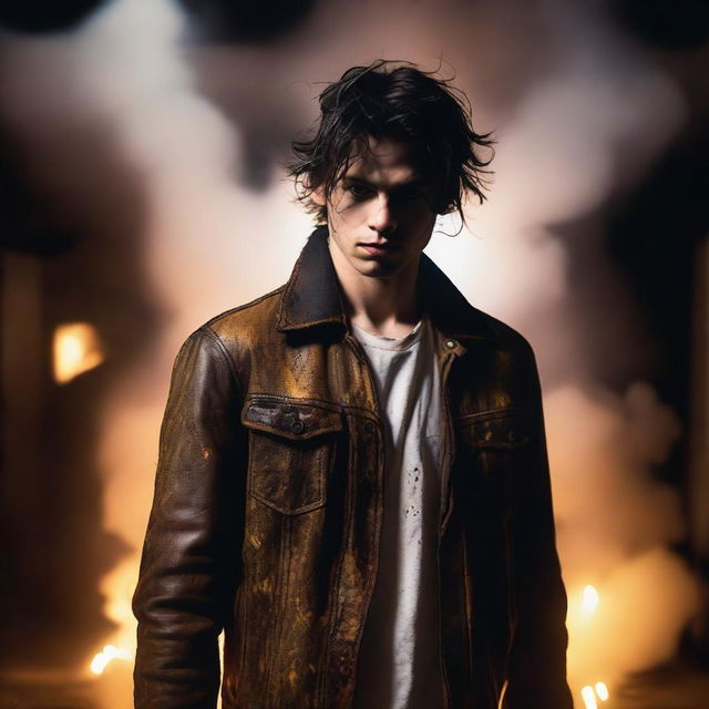 A young man in a dirty leather jacket and a white oil-stained shirt stands in a darkened factory with clouds of fumes