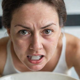 A close-up image of a woman washing dishes, her face expressing intense anger or frustration