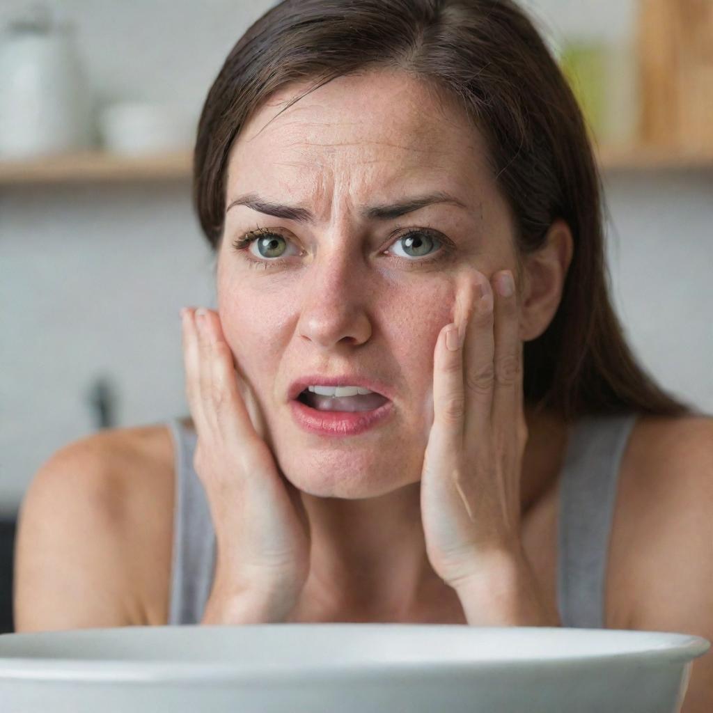 A close-up image of a woman washing dishes, her face expressing intense anger or frustration