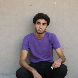 A 25-year-old Iranian Muslim boy wearing a purple t-shirt and black pants, sitting behind a wall and smoking a cigarette.