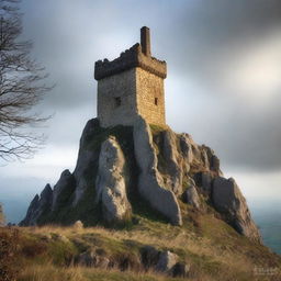 Crie uma capa com um castelo em cima de uma montanha íngreme cercado por muralhas de pedra