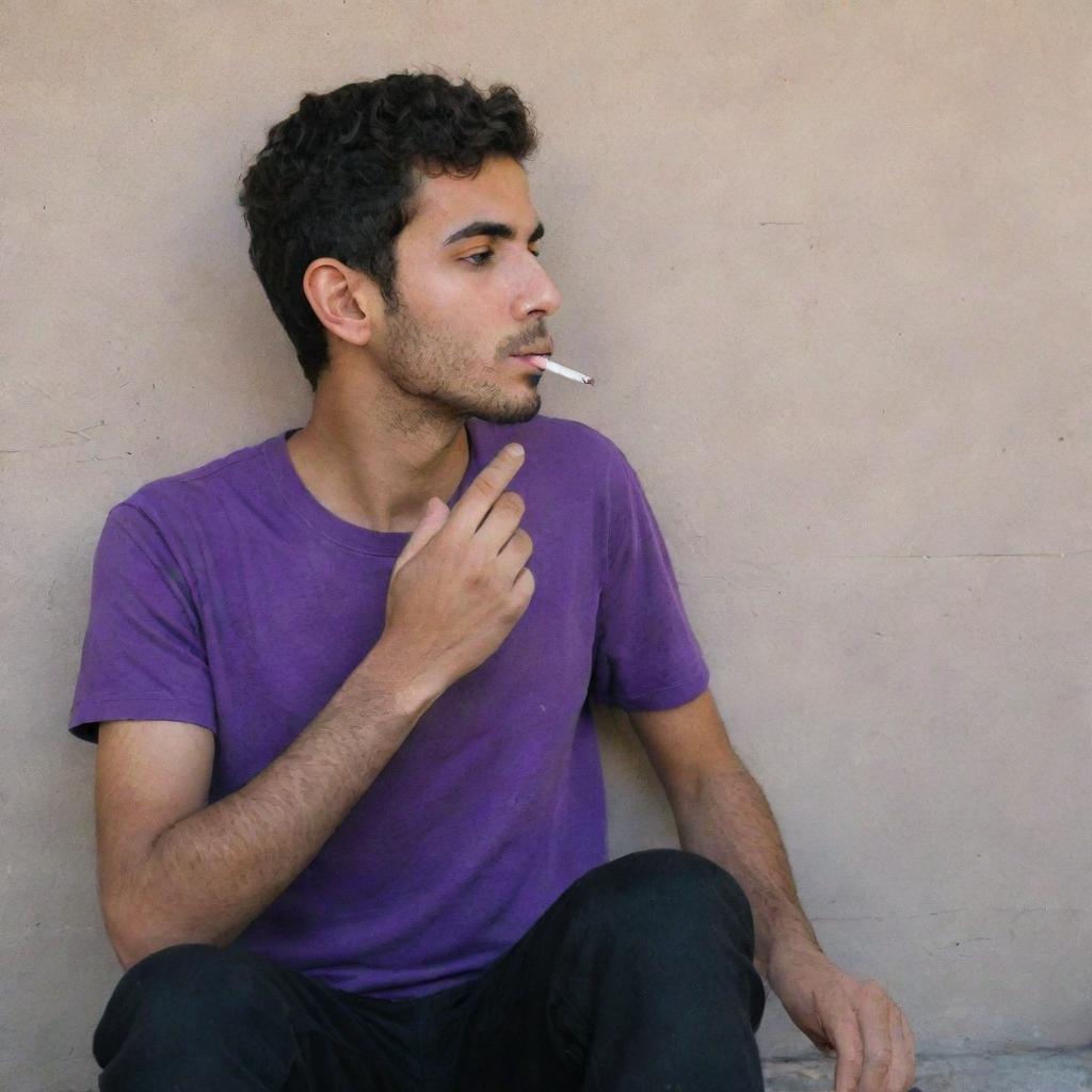 A 25-year-old Iranian Muslim boy wearing a purple t-shirt and black pants, sitting behind a wall and smoking a cigarette.