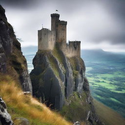 Crie uma capa com um castelo em cima de uma montanha íngreme cercado por muralhas de pedra