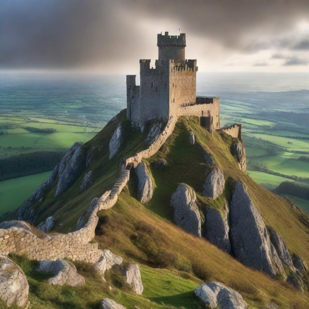 Crie uma capa com um castelo em cima de uma montanha íngreme cercado por muralhas de pedra