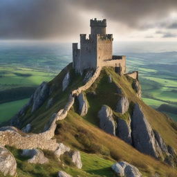 Crie uma capa com um castelo em cima de uma montanha íngreme cercado por muralhas de pedra